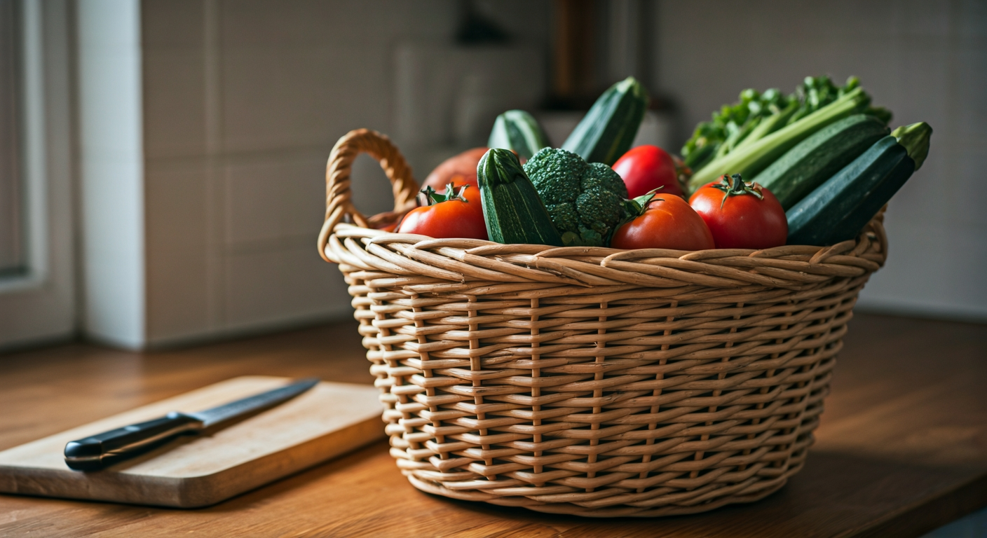 a basket of freshly harvested vegetables on a wooden kitchen counter, knife and cutting board visible, soft light