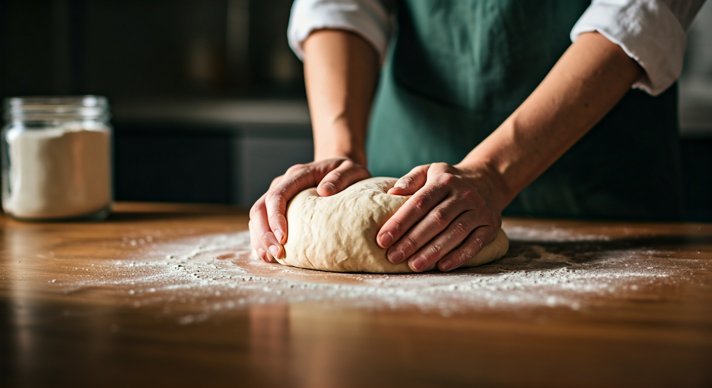 hands kneading bread dough on a floured wooden countertop, natural window light, no text